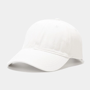 Detail view of reinforced stitching on white cotton baseball cap brim and crown