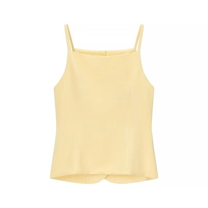 Flat lay of light yellow summer camisole with square neck and slim shoulder straps