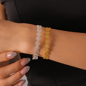 Elegant gold and silver metallic flower hollow cutout open bangles for women accessory