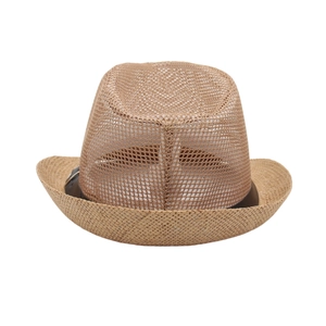 Detail of coffee brown breathable mesh fedora hat with black ribbon and woven straw brim