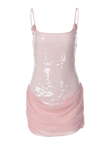 Rosa Paillettenkleid mit Spaghettiträgern und geschichtetem Saum aus Tüllnetz