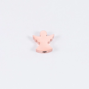 Macro shot of rose gold angel-shaped stainless steel pendant with smooth mirror finish