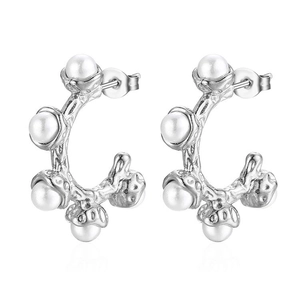 Silver C-shape pearl earrings with textured branch design and 18K plating