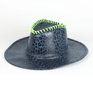 Detail of leopard print western cowboy hat with neon green contrast stitching on brim