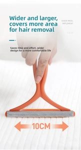 Detail of 10cm wide manual orange lint remover showing dual layer teeth on white knit
