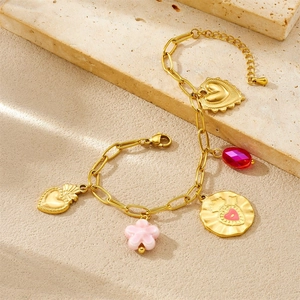 Fashionable gold plated stainless steel bracelet with colorful heart and flower charms