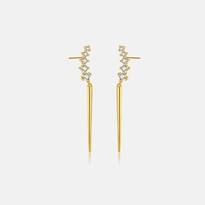 Elegant 18k gold earrings with curved zircon studs and sleek tapered metal pendants