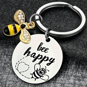 Stainless steel bee happy keychain with golden enamel bee pendant and rhinestones