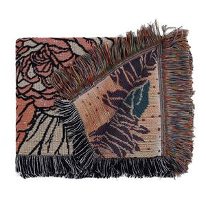 Detailed close-up of bohemian cotton throw blanket with floral patterns and fringe edges