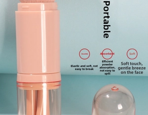 Detail view of pink retractable 4-in-1 makeup brush with transparent protective cap