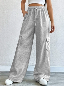 Women's grey high-waisted cargo wide-leg trousers with drawstring and flap pockets