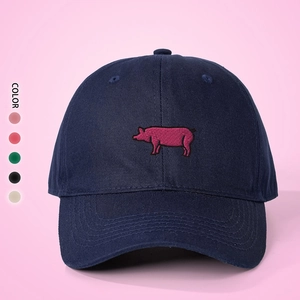 Navy blue cotton baseball cap with pink pig embroidery and adjustable strap