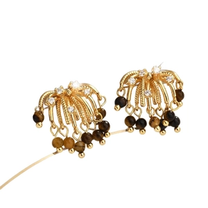 Tiger eye stone fan-shaped tassel earrings with gold crystal studs in retro style