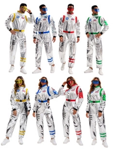 Detail of silver astronaut jumpsuits in multiple colors for men and women with NASA logo