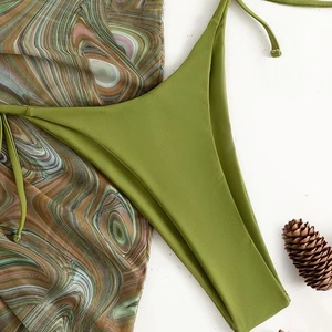 Three-piece printed bikini set with grass green lace-up bottom and retro pattern top