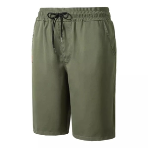 Army green men's casual sports shorts with elastic waist and black drawstring tie