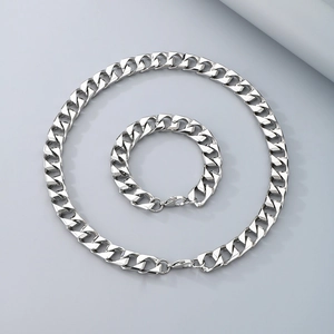 Detailed view of silver Cuban link necklace and bracelet set with lobster clasp