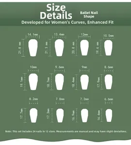 Size chart for ballet press-on nails showing 24 pieces in 12 varied dimensions