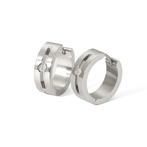 Polished silver titanium steel hoop earrings with sparkling diamond crystal inlay