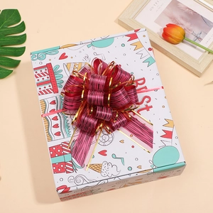 Gift box with cartoon patterns and a large burgundy gold-edged pull bow ribbon