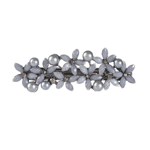Elegant silver metal flower hair clip with grey glitter petals and white pearls