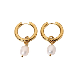 18K gold plated stainless steel hoop earrings with elegant white freshwater pearl pendants