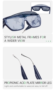 Close-up of blue square sunglasses frame with star patterns and silver metal temples