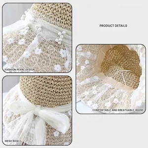 Straw sun hat with floral lace, pearls and a mesh bow for women's summer sun protection