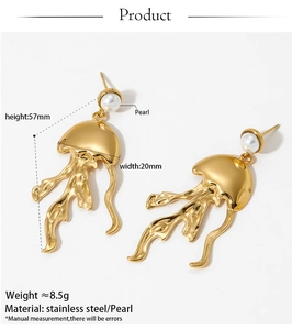 Macro view of jellyfish earrings with pearl studs and stainless steel wavy tentacles