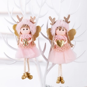 Pink and gold Christmas angel pendant ornaments with deer horns and glittery wings