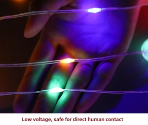 Close-up of multicolor LED fairy lights with safe low voltage for Christmas tree decor