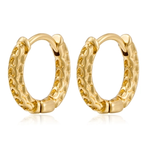 Detailed view of gold geometric hoop earrings with hollow heart pattern texture