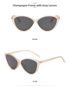 Detail view of champagne cat eye sunglasses with grey lenses from dual perspectives