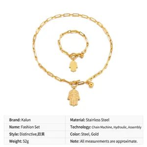 Detail view of stainless steel Hamsa Hand jewelry set with OT buckle and gold finish