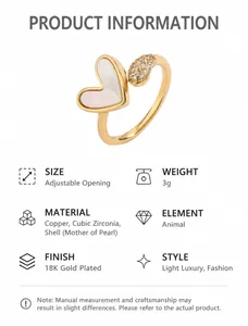 Detail of adjustable copper ring with heart mother-of-pearl and micro-set zircon