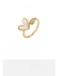 Detail of adjustable copper ring with heart mother-of-pearl and micro-set zircon