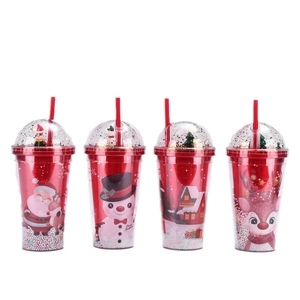 Christmas double-layer plastic straw cup with colorful glitters and festive cartoon patterns