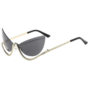 Fashionable cat-eye half-frame sunglasses with gold metal frame and sparkling rhinestones