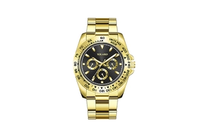 Detailed close-up of golden stainless steel business watch with black chronograph dial