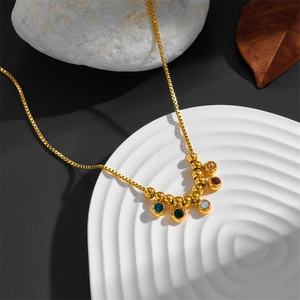Gold stainless steel box chain necklace with five colorful round gemstone pendants