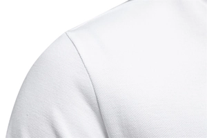 Macro view of white breathable pique fabric texture and fine stitching on men's polo shirt