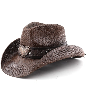 Western straw cowboy hat in dark brown featuring a heart buckle and rhinestone belt