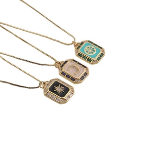 Collier Pendentif Céleste Vintage Motif Lune Étoile Soleil Émail Incrusté Zircon Cuivre Plaqué Or Bijoux