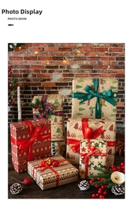 Close-up of vintage Christmas wrapping paper with festive ribbons and pine cones