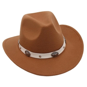 Close-up of brown felt fedora hat featuring white leather band with embossed metal studs