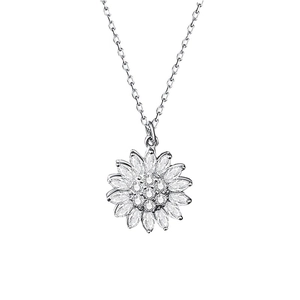 Sparkling silver sunflower rotating necklace with clear micro-pave zircon pendant