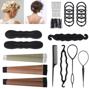 Hair styling tool kit featuring ponytail loop hair pins and sponge bun maker set