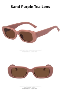 Close-up of matte purple rectangular sunglasses with brown lenses from multiple angles