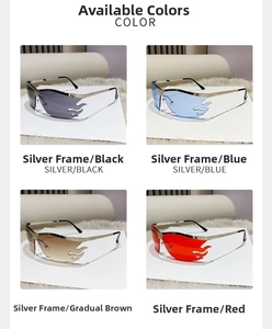 Frameless flame shaped sunglasses with silver metal temples in four lens colors