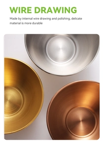 Three-color brushed stainless steel dipping bowls showing silver gold and copper textures